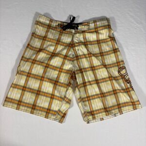 O'Quinn Mens Plaid Board Shorts Swim Trunks Beach Summer Size 32 Orange Yellow